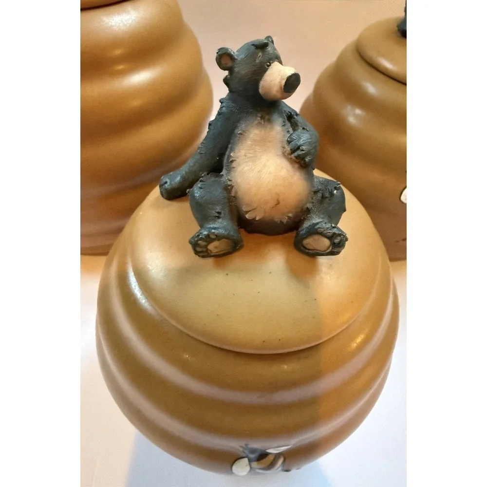 Honour Black Bear Honey Beehive 3 Piece Canister Set Ceramic Tan Brown Kitchen